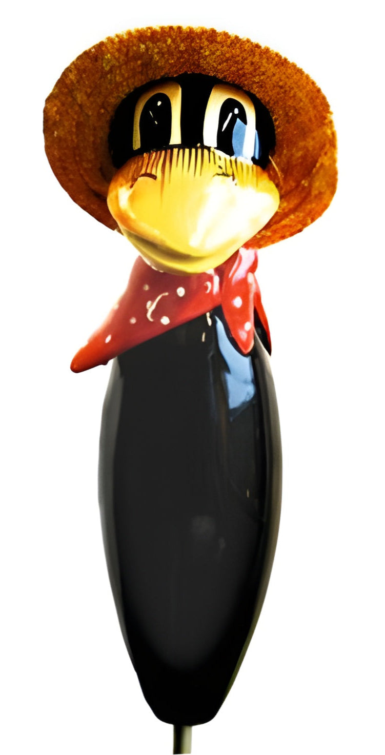 Raven with and straw hat and red scarf from Goose and Company