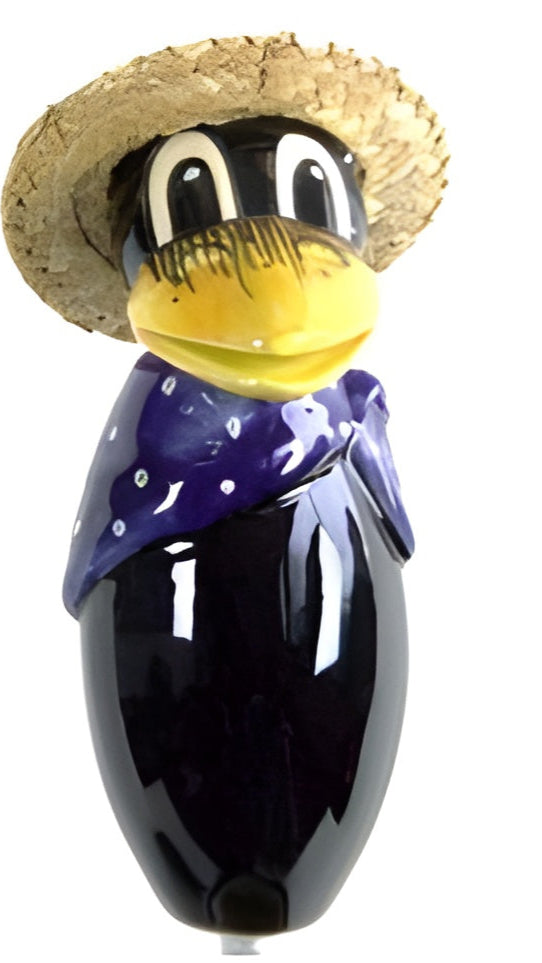 Raven with and straw hat and dark blue scarf with white dots from Goose and Company