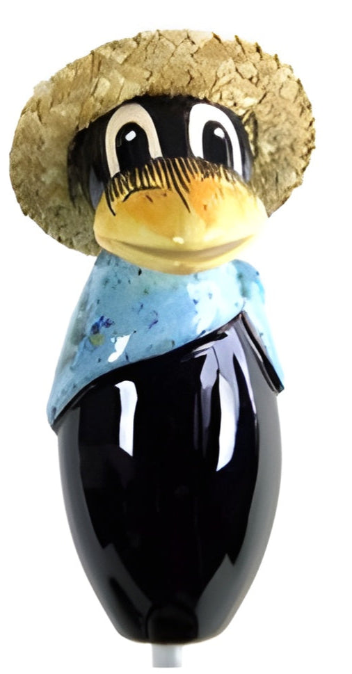 Raven with and straw hat and light blue scarf from Goose and Company