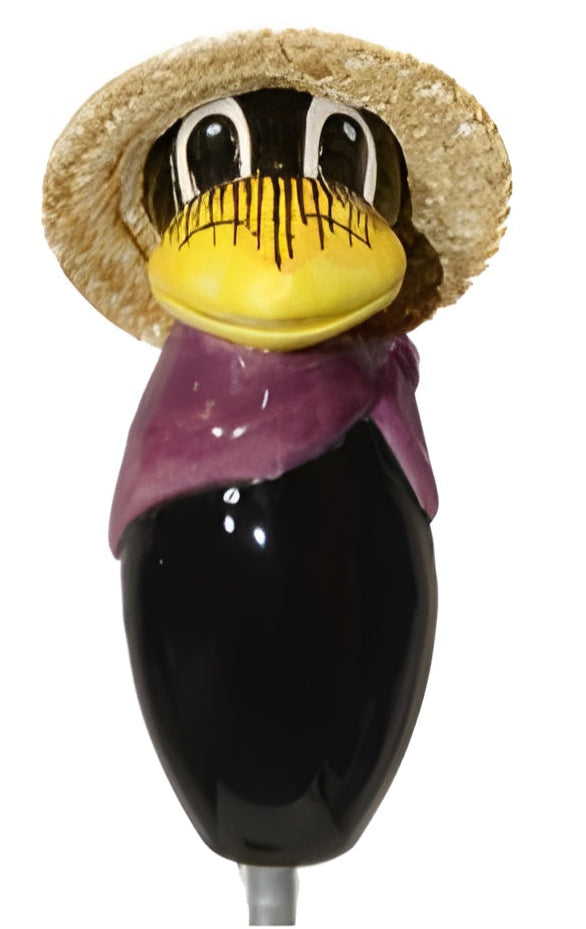 Raven with and straw hat and purple scarf from Goose and Company